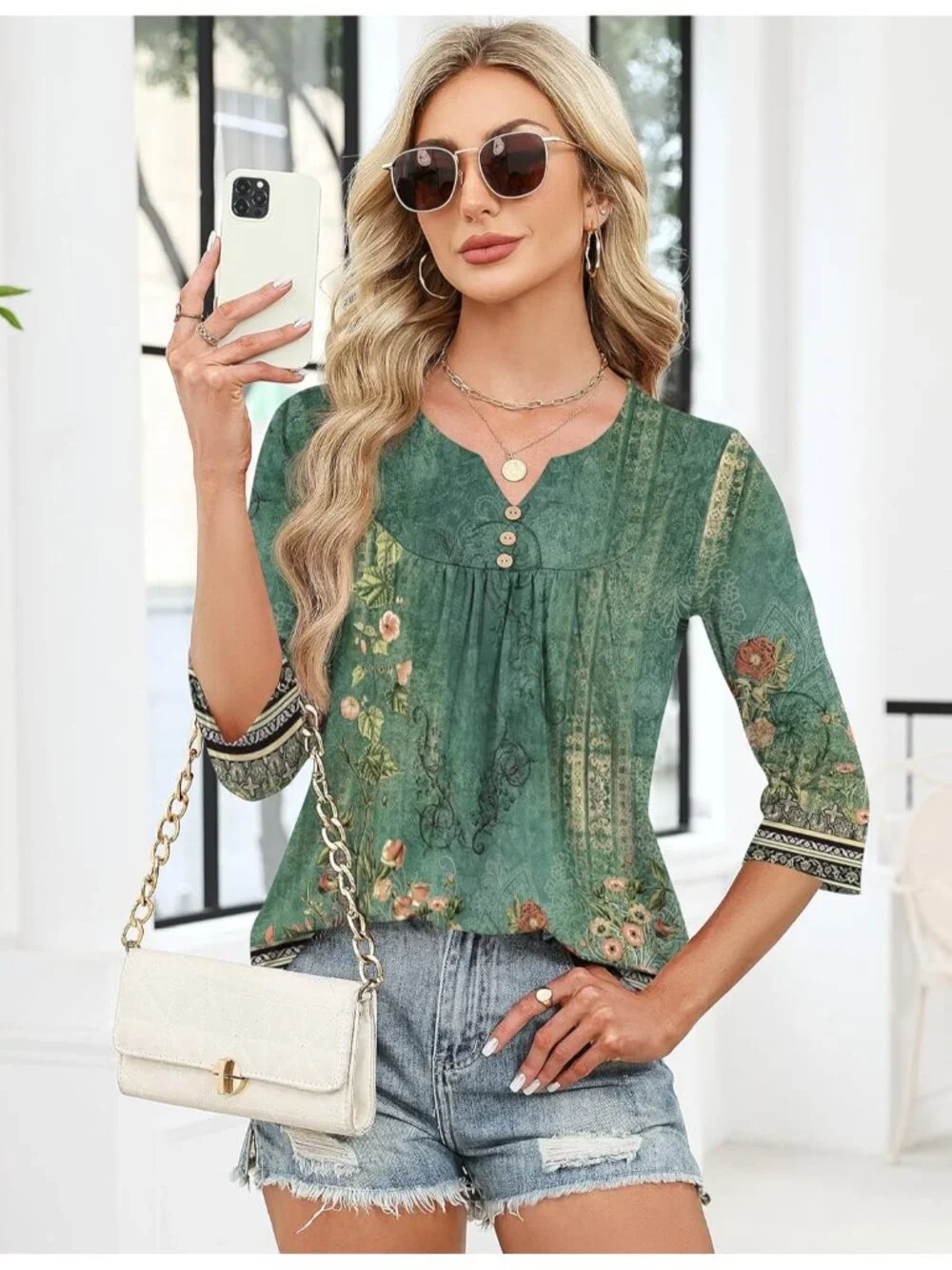Women's Green Floral Long Sleeve V Neck Casual Henley Blouses Tops T Shirt